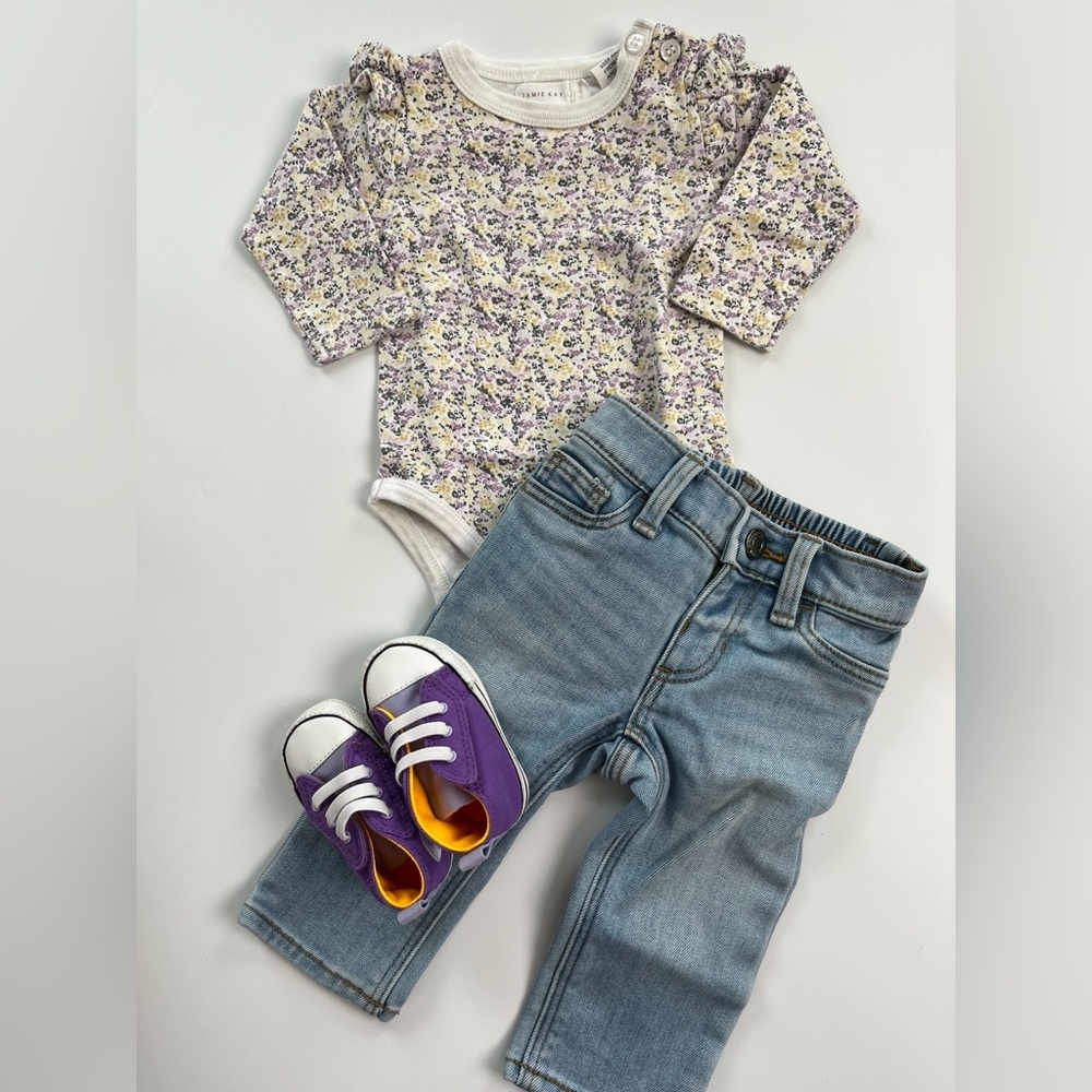 Jamie Kay Floral Bodysuit and Old Navy Denim Set with Converse Purple Shoes